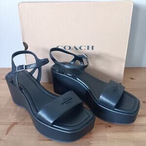 Coach Gale Wedge Platform Sandals Women’s 9 B Black Leather Ankle Strap *Display